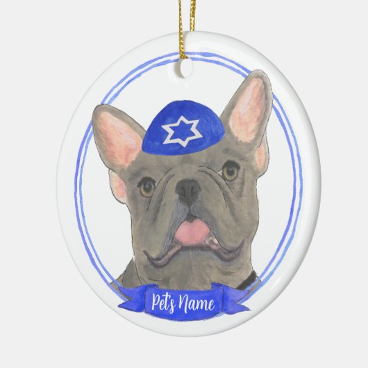 Personalisiert Blue Gray Frenchie Hanukkah Keramik Ornament (Links)