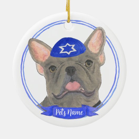 Personalisiert Blue Gray Frenchie Hanukkah Keramik Ornament (Hinten)