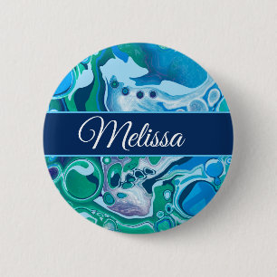 Personalisiert Blue Green Digital Marble Fluid Art Button