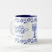 Personalisiert Blue Happy Hanukkah Star Wirbel Zweifarbige Tasse (Vorderseite Links)