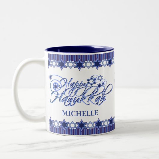 Personalisiert Blue Happy Hanukkah Star Zweifarbige Tasse (Links)