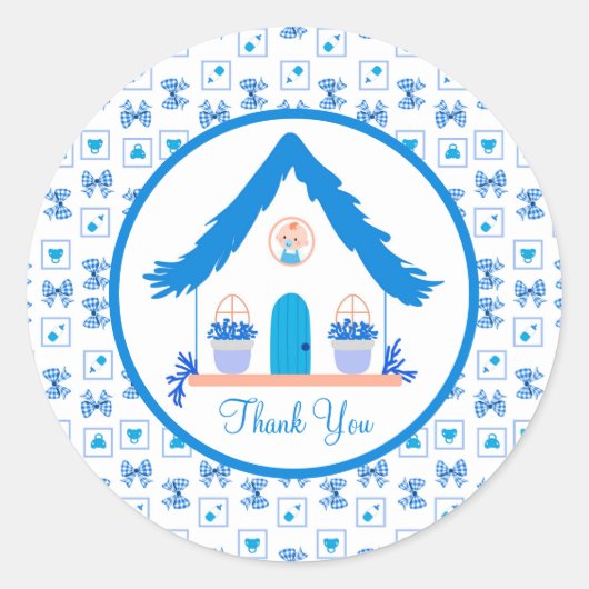 Personalisiert Blue House Danke, Baby Dusche Runder Aufkleber (Vorderseite)