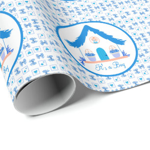 Personalisiert Blue House Es ist eine Baby-Dusche Geschenkpapier