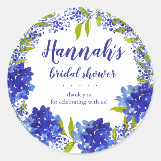 Personalisiert Blue Hydrangea Danke Bridal Showe Runder Aufkleber (Vorderseite)