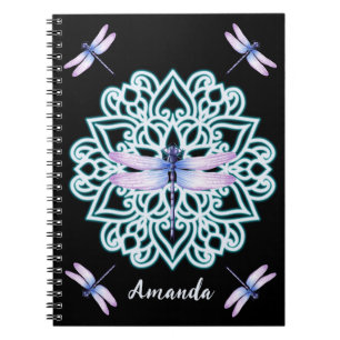 Personalisiert Blue Lila Dragonfly Mandala Black Notizblock