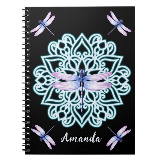 Personalisiert Blue Lila Dragonfly Mandala Black Notizblock (Vorderseite)