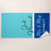 Personalisiert Blue Mr. und Mrs. Just Married Strandtuch (Vorderseite)