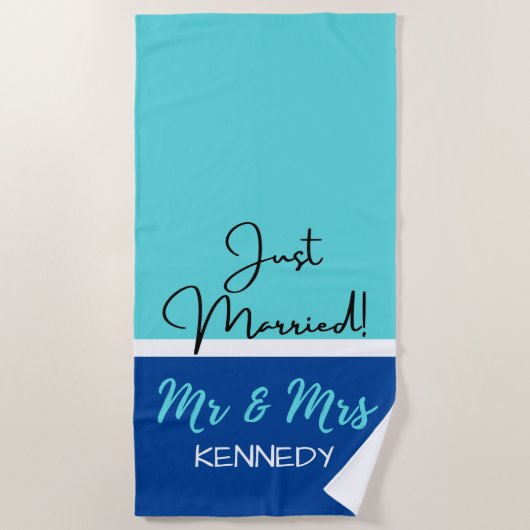 Personalisiert Blue Mr. und Mrs. Just Married Strandtuch (Vorderseite)
