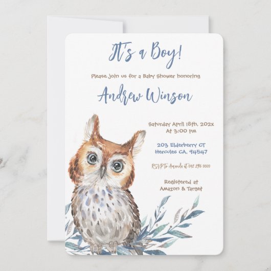 Personalisiert Blue Owl Baby Dusche Einladung (Vorderseite)