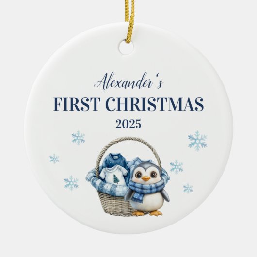 Personalisiert Blue Penguin Erster Weihnachten Keramik Ornament (Vorne)
