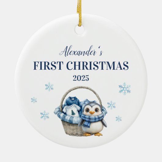 Personalisiert Blue Penguin Erster Weihnachten Keramik Ornament (Hinten)