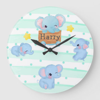 Personalisiert Blue Pink Baby Elephant Kinderzimme Große Wanduhr