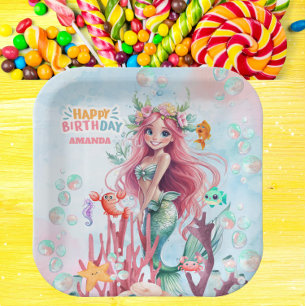 Personalisiert Blue & Pink Mermaid Geburtstagspart Pappteller