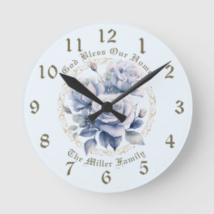 Personalisiert Blue Rosen Clock Gott segne unsere  Runde Wanduhr