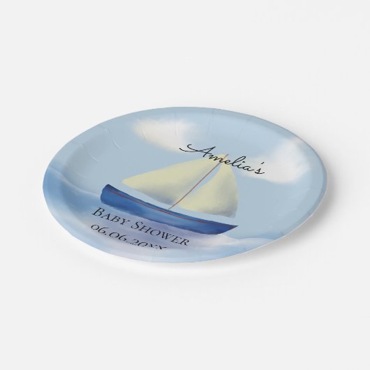 Personalisiert Blue Sailboat Baby Dusche Pappteller (Schrägansicht)