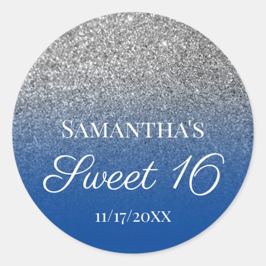Personalisiert Blue Silver Ombre Glitzer Sweet 16 Runder Aufkleber (Vorderseite)