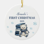 Personalisiert Blue Teddy First Christmas Keramik Ornament (Vorne)