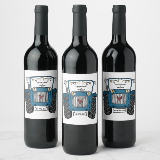 Personalisiert Blue Tractor Country Wedding Weinetikett (Flaschen)