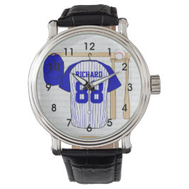 Personalisiert Blue und White Baseball Jersey Armbanduhr
