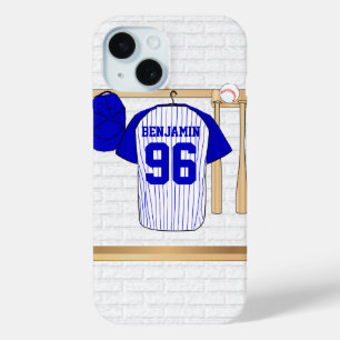 Personalisiert Blue und White Baseball Jersey iPhone 15 Hülle