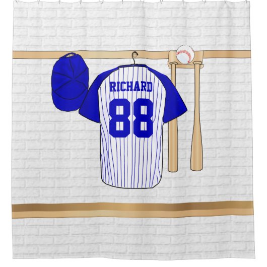 Personalisiert Blue und White Baseball Jersey Duschvorhang (Vorderseite)