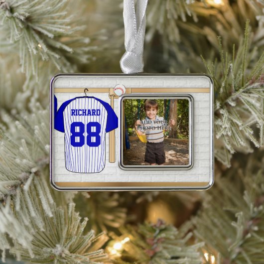 Personalisiert Blue und White Baseball Jersey Rahmen-Ornament Silber (Baum)