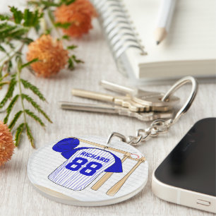 Personalisiert Blue und White Baseball Jersey Schlüsselanhänger