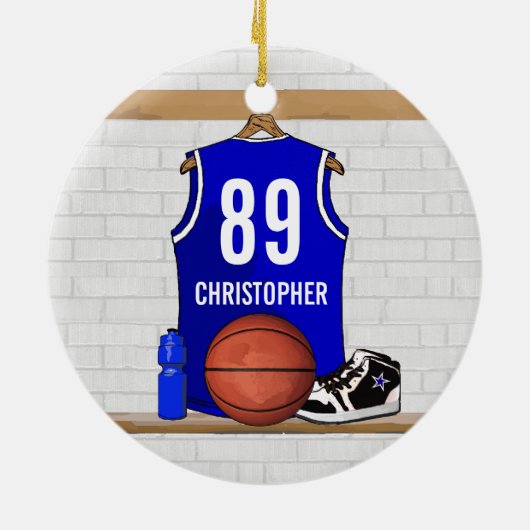 Personalisiert Blue und White Basketball Jersey Keramikornament (Hinten)