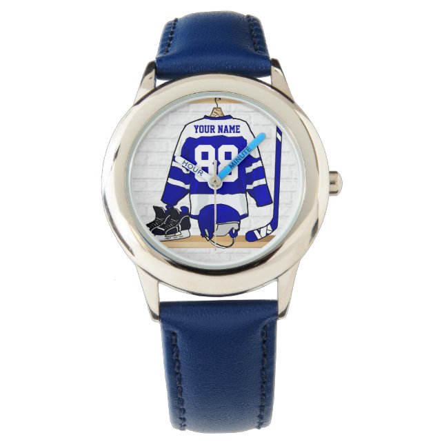 Personalisiert Blue und White Ice Hockey Jersey Armbanduhr (Vorderseite)