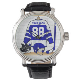 Personalisiert Blue und White Ice Hockey Jersey Armbanduhr