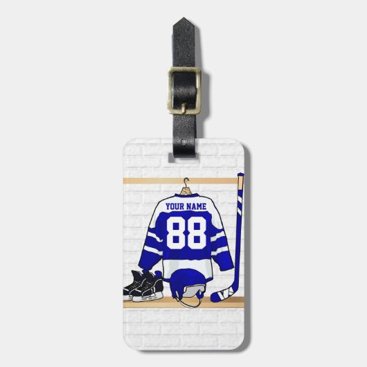 Personalisiert Blue und White Ice Hockey Jersey Gepäckanhänger (Vorderseite vertikal)
