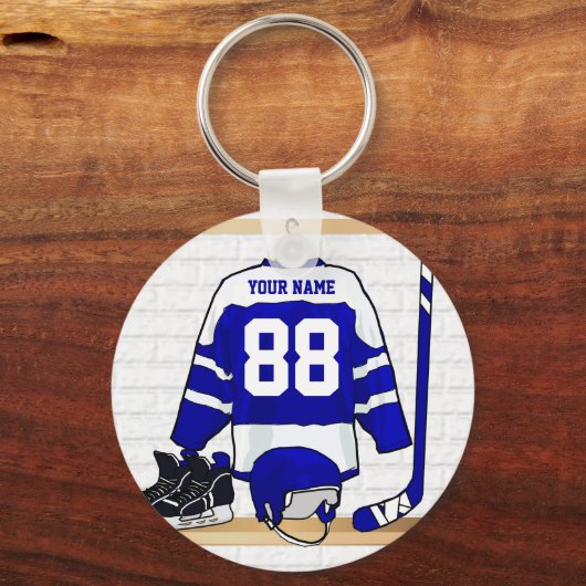 Personalisiert Blue und White Ice Hockey Jersey Schlüsselanhänger (Rückseite)