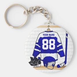 Personalisiert Blue und White Ice Hockey Jersey Schlüsselanhänger