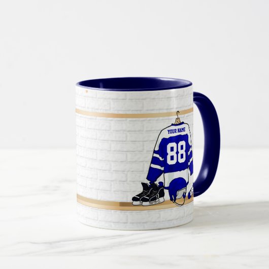 Personalisiert Blue und White Ice Hockey Jersey Tasse (VorderseiteRechts)
