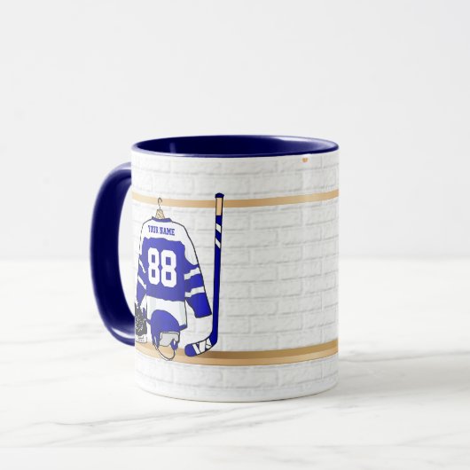 Personalisiert Blue und White Ice Hockey Jersey Tasse (Vorderseite Links)