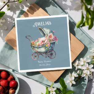 Personalisiert Blue Vintag Pram Baby Dusche Serviette