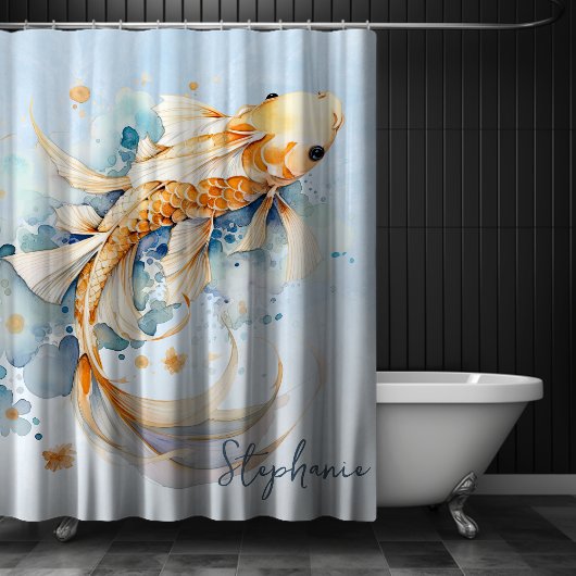 Personalisiert Blue Watercolor Gold Koi Fisch Duschvorhang
