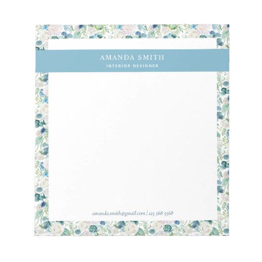 Personalisiert Blue White Floral Romantic Elegante Notizblock (Vorderseite)