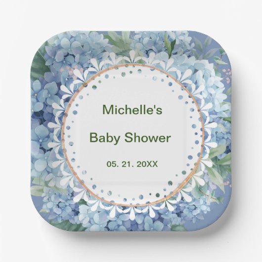 Personalisiert Blue & White Florals Baby Dusche Pappteller (Vorderseite)