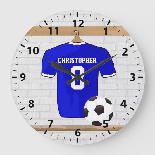 Personalisiert Blue White Football Soccer Jersey Große Wanduhr (Vorderseite)
