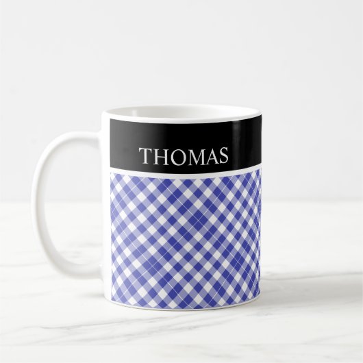 Personalisiert Blue White Gingham Individuelle Nam Kaffeetasse (Links)