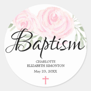 Personalisiert Blush Pink Rose und Cross Baptisse Runder Aufkleber