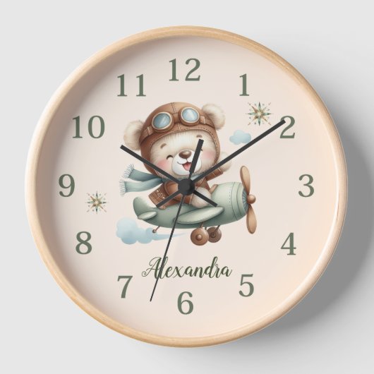 Personalisiert Boho Green Teddy Bear Uhr (Vorderseite)
