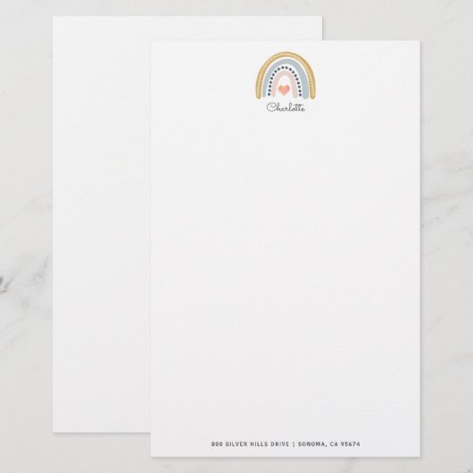 Personalisiert Boho Rainbow Pink Herzkid Briefpapier (Vorne/Hinten)