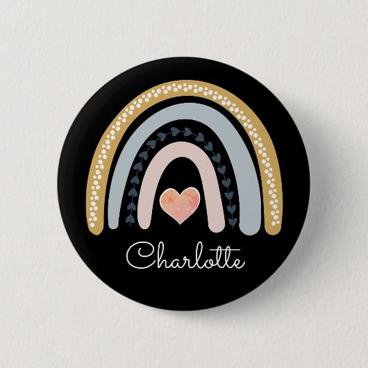 Personalisiert Boho Watercolor Rainbow Black Button (Vorderseite)
