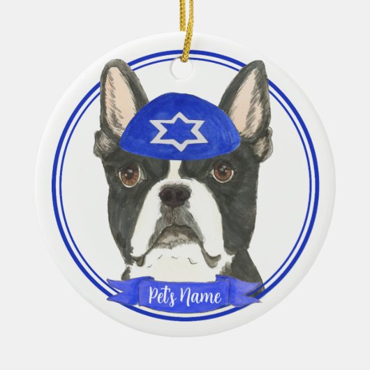 Personalisiert Boston Terrier Hanukkah Yarmulke Bl Keramik Ornament (Vorne)