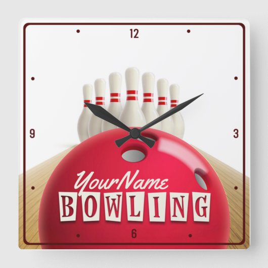Personalisiert Bowling Ball Lanes Buttone Retro Le Quadratische Wanduhr (Vorderseite)