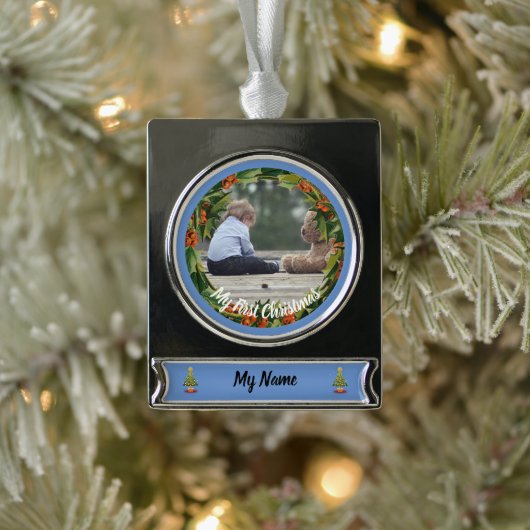 Personalisiert Boy Baby's 1. Weihnachtsdekoration Banner-Ornament Silber (Baum)