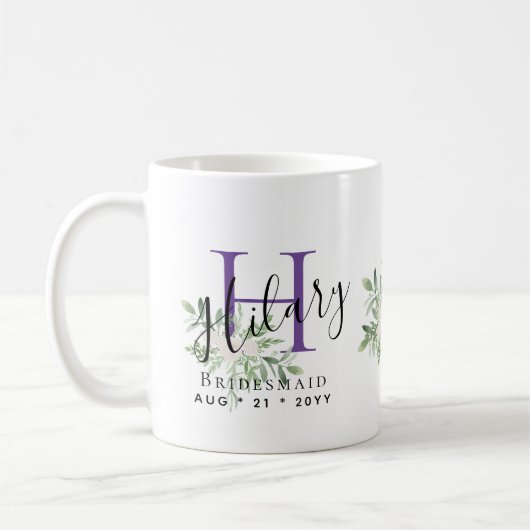 Personalisiert Bridesmaid Lila Erstname Floral Kaffeetasse (Links)