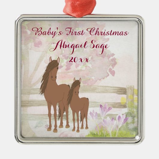 Personalisiert Brown Horses Baby's 1. Weihnachten Silbernes Ornament (Vorne)